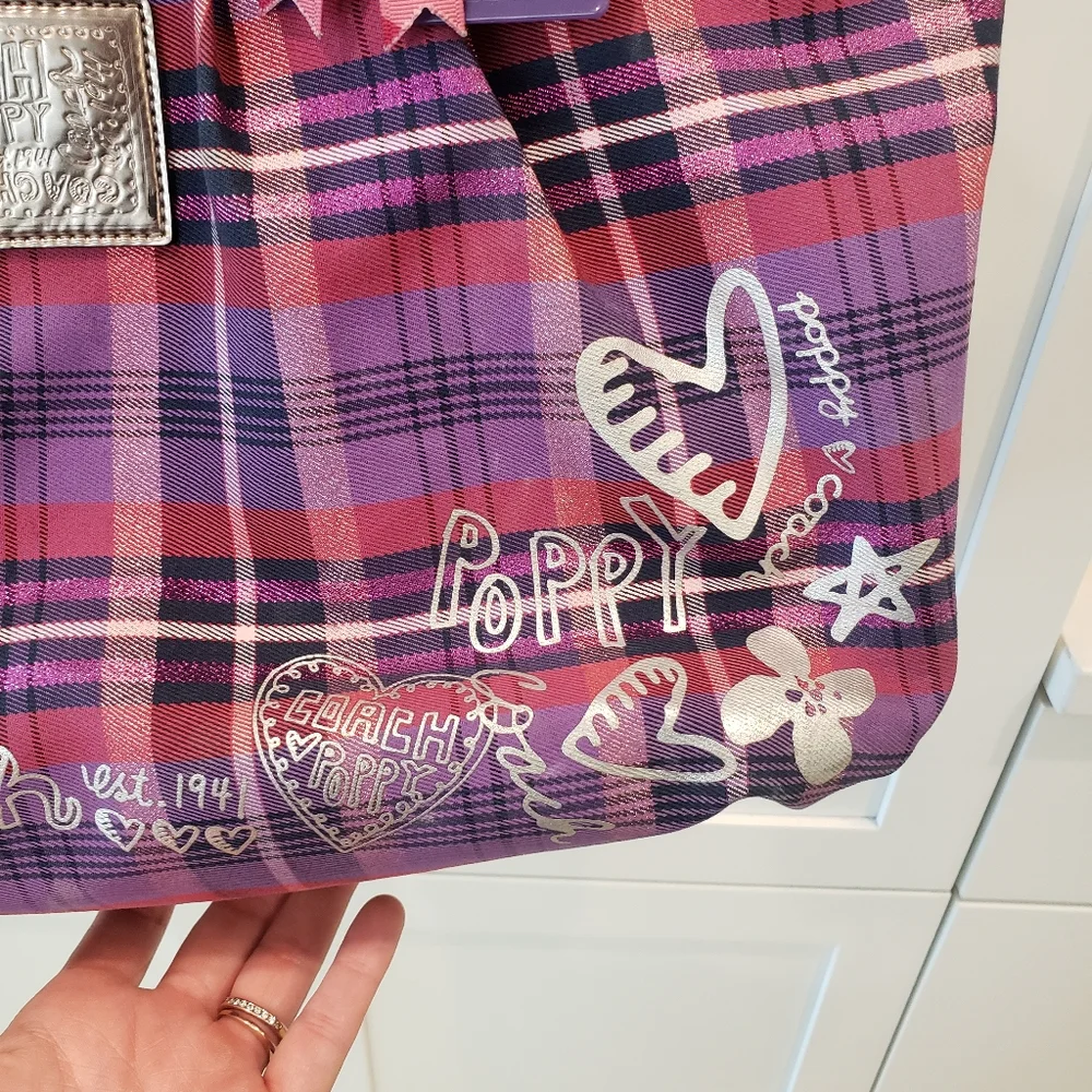 Coach Poppy Purple Plaid Tartan Glam Tote - Picture 2 of 16